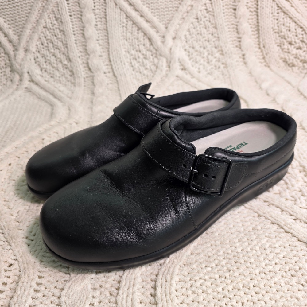 SAS Comfort Clogs Mules Black Leather Buckle Strap Slip On Women 7 M Excellent